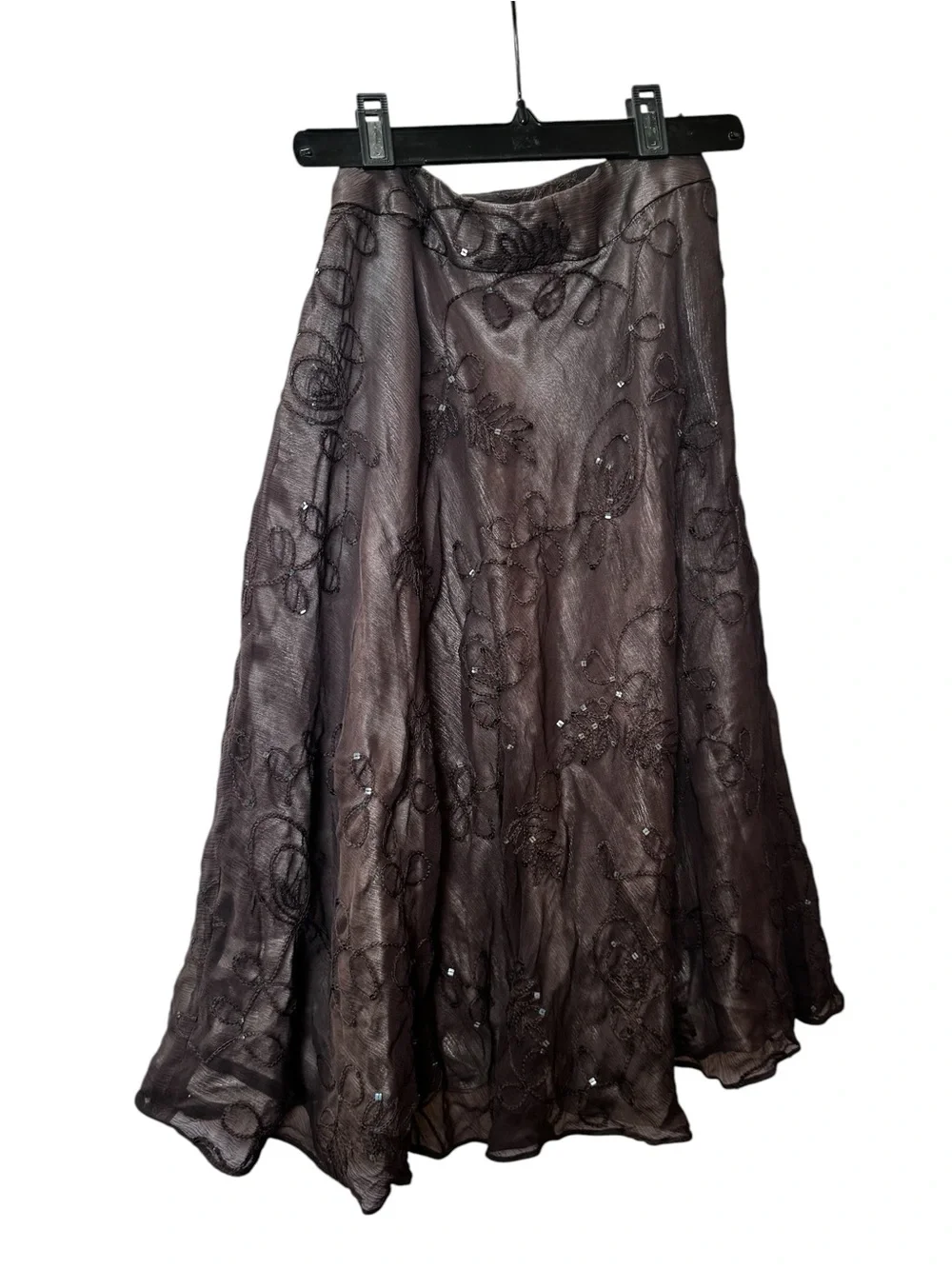 Anne Klein NEW Y2K 100% Silk Sheer Embroidered Sequin Midi Skirt Brown 4 Boho - Picture 5 of 16